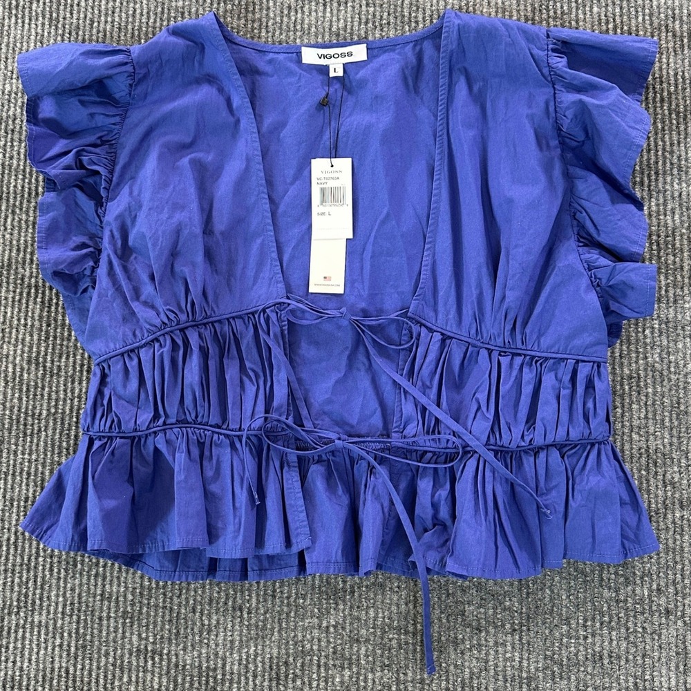 Vigoss Navy Blue Ruffle Tie Front Peplum Top Size L Cotton V-Neck Short Sleeve